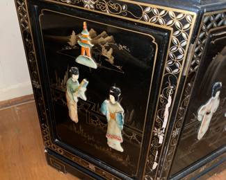 Vintage Asian Black Lacquer Display Cabinet W/ Mother Of Pearl Details