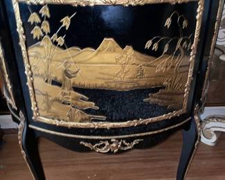 Antique Asian Black Lacquer Display Cabinet W/ Gold Trim, Glass Door, Red Upholstered Interior, & Gold Details
