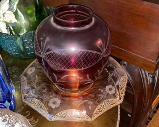 Ruby Red Etched Crystal Round Vase