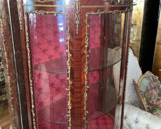 Antique Wooden Display Cabinet W/ Glass Door, Gold Metal Trim, Red Upholstered Interior, & Hand Painted Scene