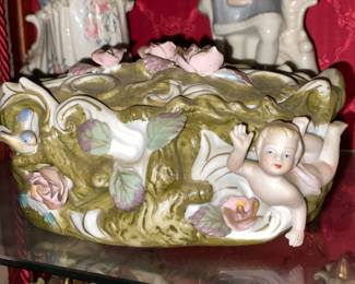 Porcelain Trinket Box W/ Cherub Figurines