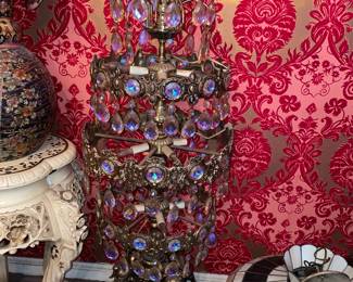 MASSIVE Gold Painted Cherub Table Lamp W/ Jewels & Hanging Crystals