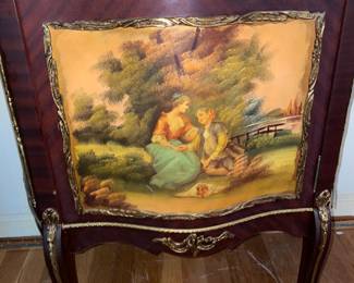 Antique Wooden Display Cabinet W/ Glass Door, Gold Metal Trim, Red Upholstered Interior, & Hand Painted Scene