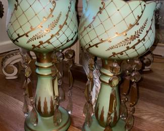 BEAUTIFUL Antique Green Satin Glass W/ Crystal Pendant Lights