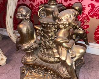MASSIVE Gold Painted Cherub Table Lamp W/ Jewels & Hanging Crystals
