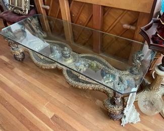 Carved Gold Coffee Table W/ Glass Top