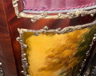 Antique Wooden Display Cabinet W/ Glass Door, Gold Metal Trim, Red Upholstered Interior, & Hand Painted Scene
