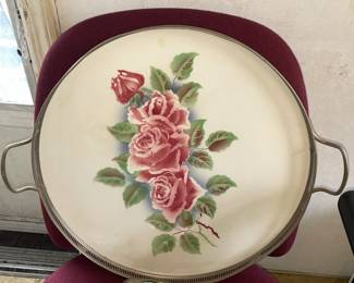 Floral Serving Tray W/ Silver Trim & 2 Handles