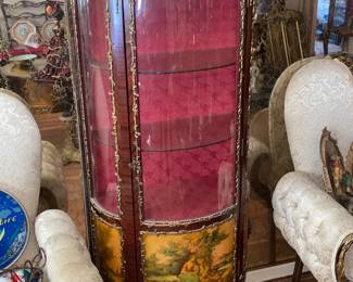 Antique Wooden Display Cabinet W/ Glass Door, Gold Metal Trim, Red Upholstered Interior, & Hand Painted Scene