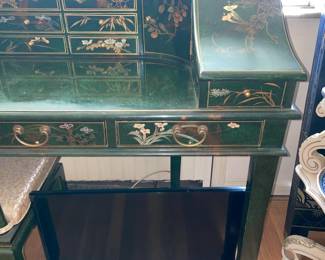 Green Lacquer Desk W/ Floral Details & Matching Chair