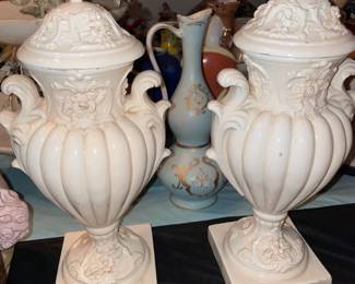 Pair Of Handled Urns W/ Lids (Italy)