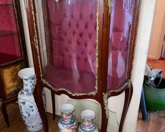Antique Wooden Display Cabinet W/ Glass Door, Gold Metal Trim, & Red Upholstered Interior