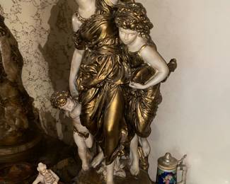 MASSIVE Figural Woman W/ 2 Children Chalkware Lamp W/ Vintage Shade