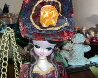 BEAITUFL Vintage Doll W/ Crushed Velvet Dress, Hat, & Oversized Eyes/Lashes
