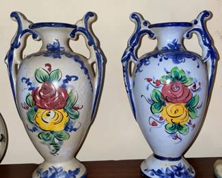 Pair Of Floral Blue Dual Handled Vases (Portugal)