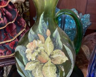 MASSIVE Green Glass Pitcher W/ Hand Painted Flowers
