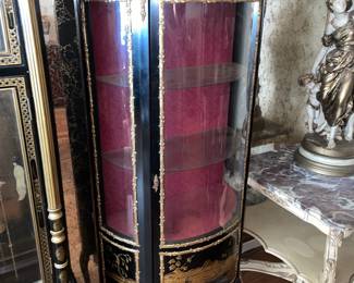 Antique Asian Black Lacquer Display Cabinet W/ Gold Trim, Glass Door, Red Upholstered Interior, & Gold Details
