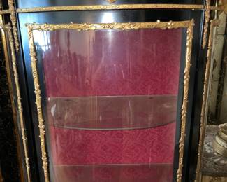 Antique Asian Black Lacquer Display Cabinet W/ Gold Trim, Glass Door, Red Upholstered Interior, & Gold Details