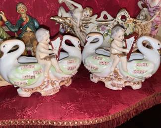 Set Of 2 Cherub & Swan Figurines (Japan)