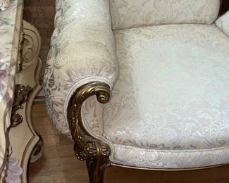Beautiful Gold Framed White Upholstered Chair W/ Carved Arms (2 Available)