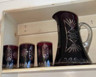 Ruby Red Etched Crystal Decanter & 6 Glass Set