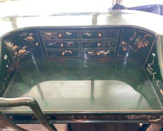 Green Lacquer Desk W/ Floral Details & Matching Chair