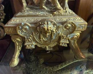 STUNNING Gold Figural Lamp W/ Green & Orange Horn Glass Flower Lamp Shades