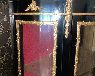 Antique Asian Black Lacquer Display Cabinet W/ Gold Trim, Glass Door, Red Upholstered Interior, & Gold Details