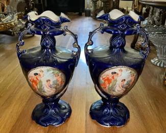 Pair Of Blue Double Handled Vases W/ Figural Scene