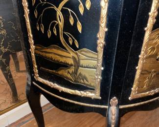 Antique Asian Black Lacquer Display Cabinet W/ Gold Trim, Glass Door, Red Upholstered Interior, & Gold Details