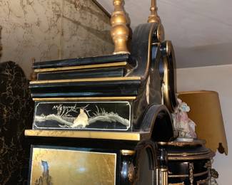 Asian Motif Gold W/ Black Lacquer Grandfather Clock
