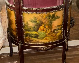 Antique Wooden Display Cabinet W/ Glass Door, Gold Metal Trim, Red Upholstered Interior, & Hand Painted Scene