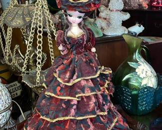 BEAITUFL Vintage Doll W/ Crushed Velvet Dress, Hat, & Oversized Eyes/Lashes
