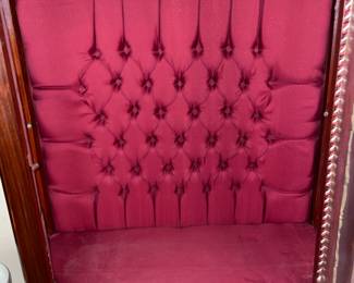 Antique Wooden Display Cabinet W/ Glass Door, Gold Metal Trim, & Red Upholstered Interior