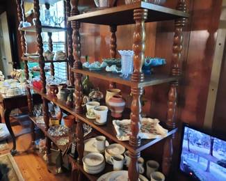 Large amount of antique china and glass, Franklin Mint collectables and Fritz and Floyd china.  Display shelves.