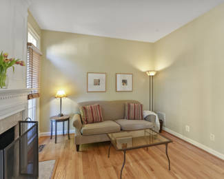 Sofa, artwork, and lamp.