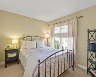 Crate and Barrell bed (headboard, footboard, and frame with or w/o mattress and boxspring). Side table, lamps, and Ethan Allen shelf also for sale.