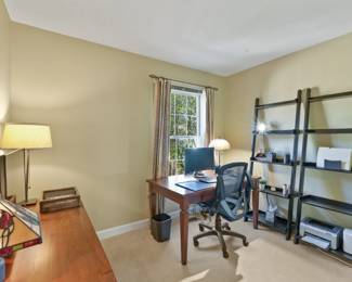 Crate and Barrell Wood Desk and Credenza, Shelving, Office Chair, Lamps, Printer, scanner.