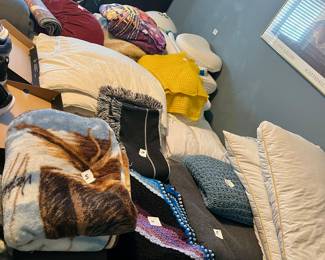 Blankets, pillows, rugs, two cashmere rugs,