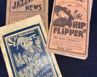 Risqué mini booklets including Major Hooper, Mae West Hip Flipper and the Jazzville News