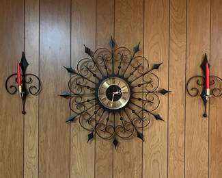 MCM starburst wall clock and sconces 