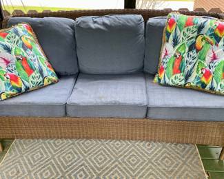 VINYL WICKER PATIO SOFA, DECORATIVE PILLOWS