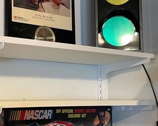 NASCAR DIE-CAST COLLECTION, TRAFFIC LIGHT, PETTY COLLAGE CLOCK, DARRELL WALTRIP MEGA BLOKS BUILDING SET