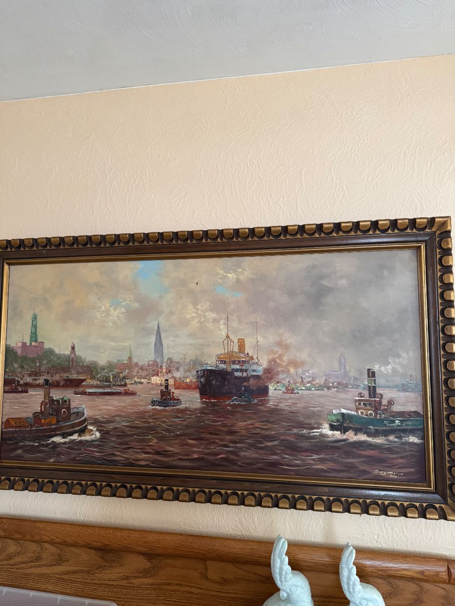 Copy of Original Oil Painting by Erich Mercker, Hamburg Harbor Scene.