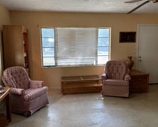 Pair of Dusty Rose Upholstered Chairs, MCM smokey glass insert Coffee Table