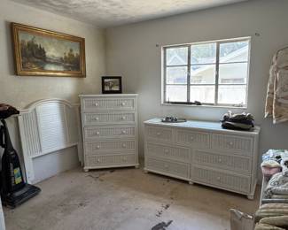 Wicker Bedroom set to include: twin headboard, bureau, high chest
