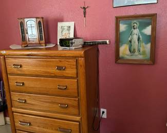 5 Drawer Oak Finish Chest, Religious Art