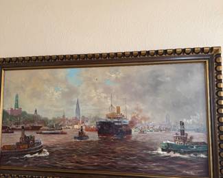 Copy of Original Oil Painting by Erich Mercker, Hamburg Harbor Scene.