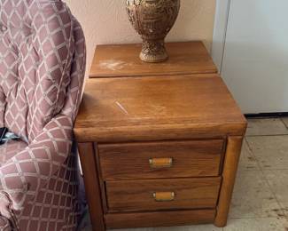 Pair of Oak Finish Lamp Tables and Gilt Asian Vase