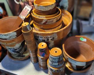 Clay flower pots.  Decorated.